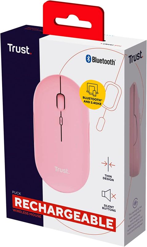 Mouse Trust Puck Rechargeable,  Ultra-Thin,  BT/WL,  Silent, Рожевий