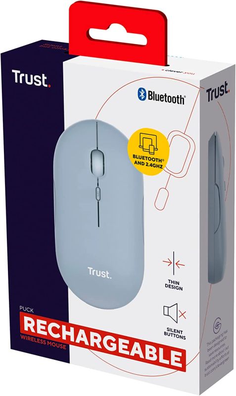 Mouse Trust Puck Rechargeable,  Ultra-Thin,  BT/WL,  Silent, Синій