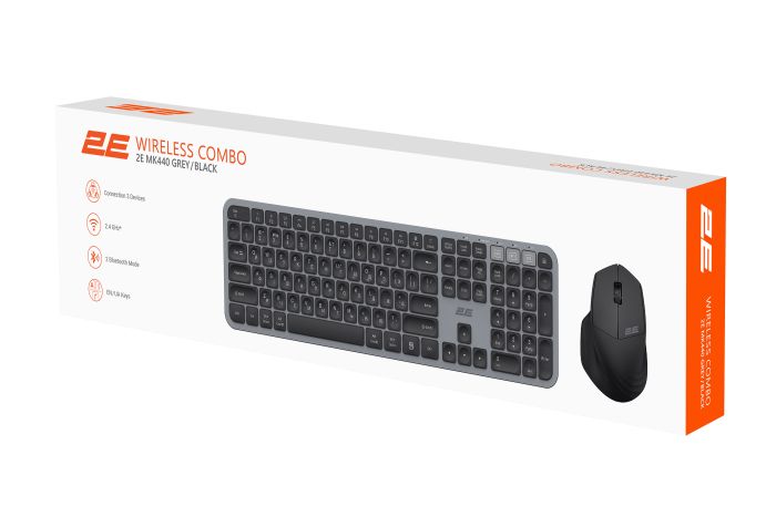 Комплект клавіатура та миша 2E MK440 WL/BT, EN/UK, сіро-чорний