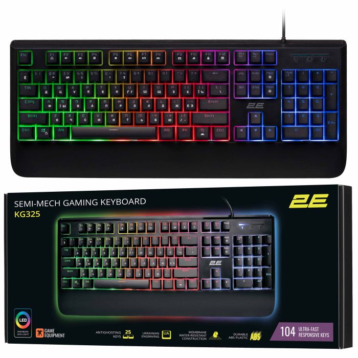 Клавіатура мембранна 2E GAMING KG325 104key, USB-A, EN/UA/RU, LED, чорний