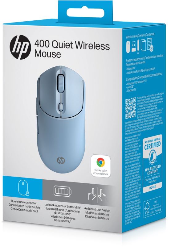 Мышь HP 400 Quiet, WL/BT, голубой