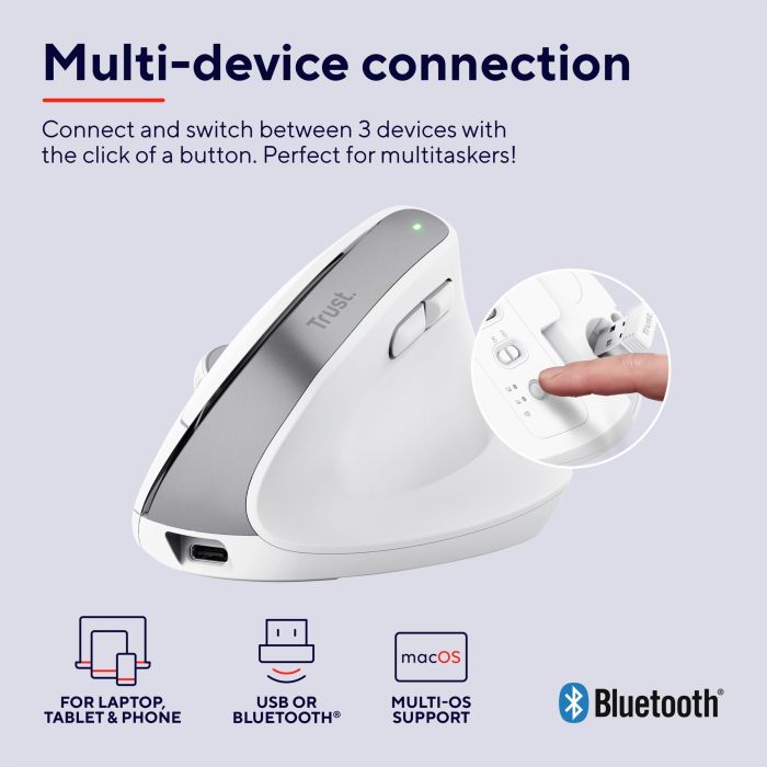 Миша Trust Bayo+ Multidevice Ergonomic, BT/WL/USB-A, біла