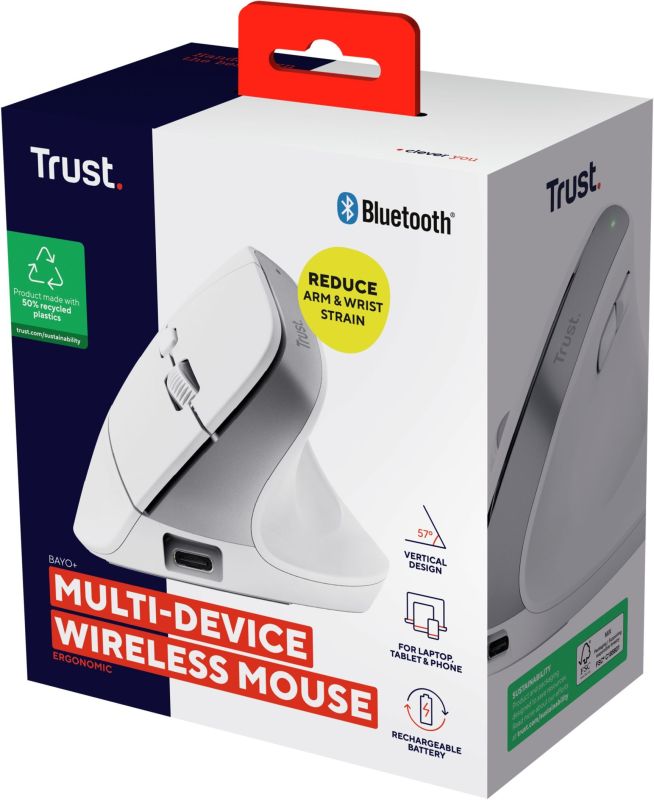 Миша Trust Bayo+ Multidevice Ergonomic, BT/WL/USB-A, біла