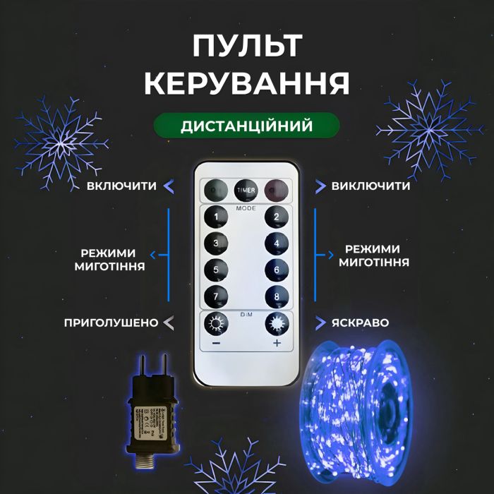 Гірлянда роса на пульті 200 метрів на 2000 led світлодіодів крапля на білому дроті синя 2000L200MWBL