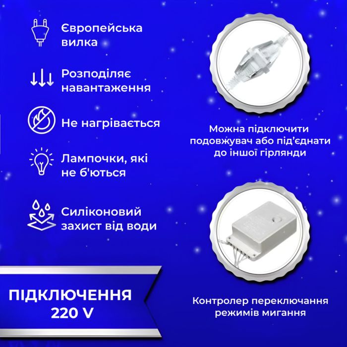 Гірлянда штора світлодіодна GarlandoPro 200LED Роса 3х3м 8 режимів 10 ниток гірлянда роса на ялинці Синій 173306BL