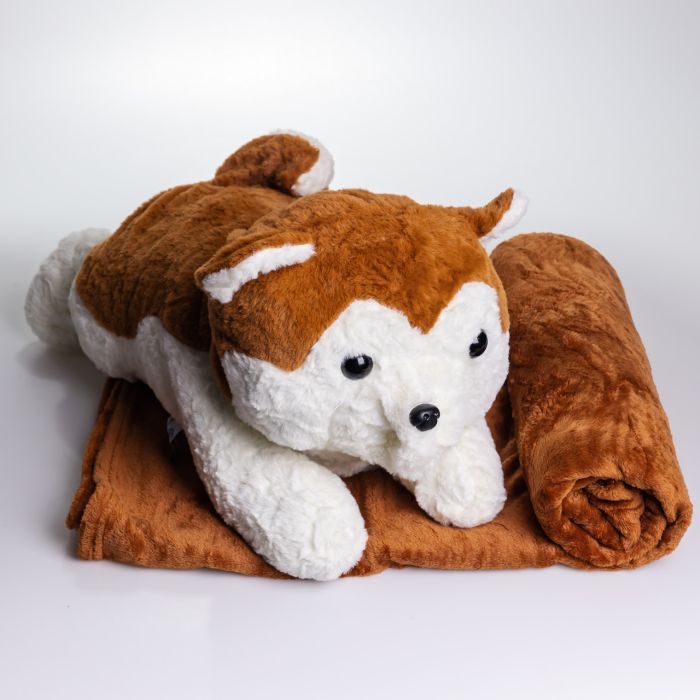 М'яка іграшка-плед, подушка 3 в 1 Хаскі плед в іграшці 50×30×26 (см) Коричневий 7124BR