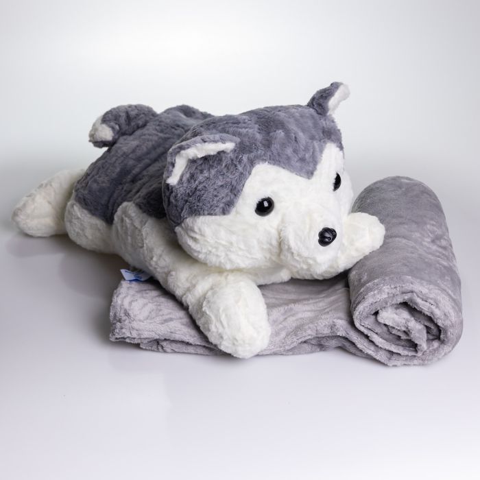 М'яка іграшка-плед, подушка 3 в 1 Хаскі плед в іграшці 50×30×26 (см) Сірий 7124G